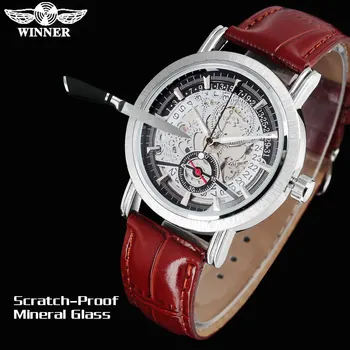 ZMAGOVALEC priložnostne znamke moški modni šport mehanske ure usnjeni trak za moške samodejno okostje ure moška ura reloj hombre