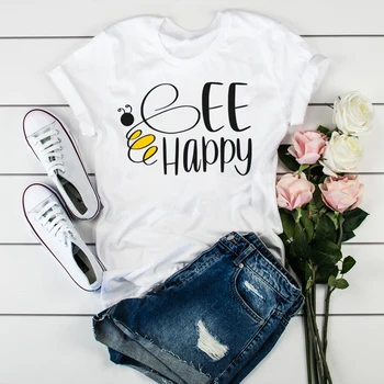 Ženske Bee Happy Pismo Risanka Modni Tisk Oblačil Ženske Womens Vrhovi Oblačila Ženski Tumblr T-Shirt Grafični T Shirt majice