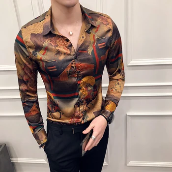 Trend nove moške osebnosti tiskano majico boutique moda Slim dolgo sleeved cvet majica za moške poslovne pogostitve formalno majica