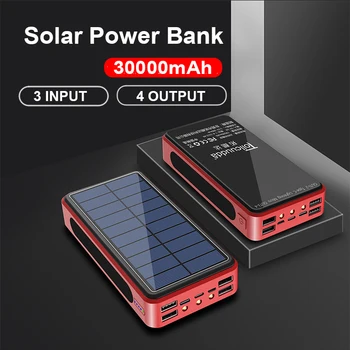 30000mAh Sončne Energije Banka 4 USB powerbank Zunanje Baterije Prenosni Polnjenje z LED Luči 3input powerbank Za Mobilni Telefon