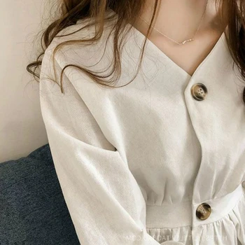 Majice Ženske Trdna Proti-vrat Bluze Gumb Visoko Pasu Elegantno Elegantno korejski Slog Priložnostne Vse-tekmo Preprosto Priljubljena Letnik Trendy Nova
