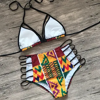 2019 Seksi Backless Bikini Afriške Tiskanja Kopalke, Visoko Pasu Kopalke Povodcem Vrh Bikini Komplet Plaži Push Up Kopalke