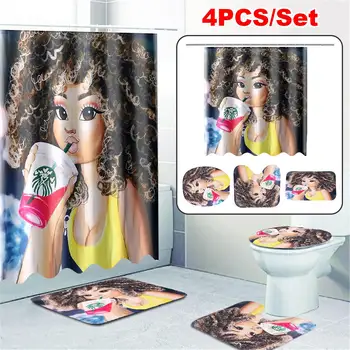 4Pcs Nastavite Black Art Afro Dekle Piti Sok Afriške Ameriki Dekle Tuš Zavesa Nepremočljiva Tkanine iz Poliestra Kopalnica Odlikovanja