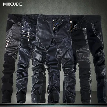 MIXCUBIC moda suh lobanje Razrezana usnjene hlače, moške priložnostne slim fit pranje Lokomotiva usnjene hlače, moške noge hlače,28-36