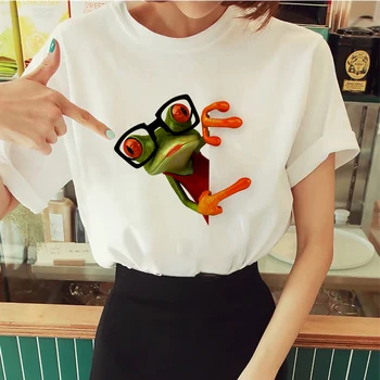 2019 Novo Humanize žaba print majica s kratkimi rokavi ženske modni Harajuku t-shirt Kratek Rokav Bela plus velikost osebnost Tshirt Vrhovi oblačila