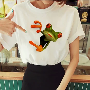 2019 Novo Humanize žaba print majica s kratkimi rokavi ženske modni Harajuku t-shirt Kratek Rokav Bela plus velikost osebnost Tshirt Vrhovi oblačila
