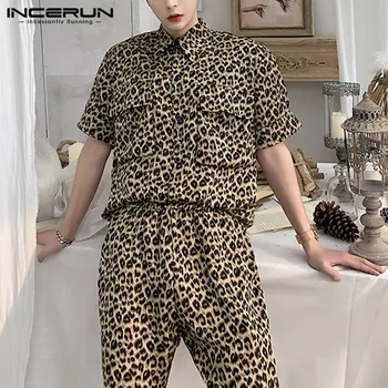 INCERUN Leopard Natisniti Moda Moških Določa Kratek Rokav Ulične 2021 Priložnostne Majice Hlače Stranka Elegantna Žepi Moški bo Ustrezala 2 Kosov Set