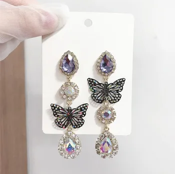 2020 Novi korejski sijoče multicolor kristalno srce Ženske, uhani, modni dolgo drobni kovinski Votlih metulj asimetrične Spusti uhani