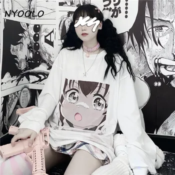 NYOOLO Sladko Japonskih Risank anime dekle tiskanja long sleeve majica s kratkimi rokavi ženske Priložnostne svoboden O-vratu puloverji bela kawaii vrhovi tee
