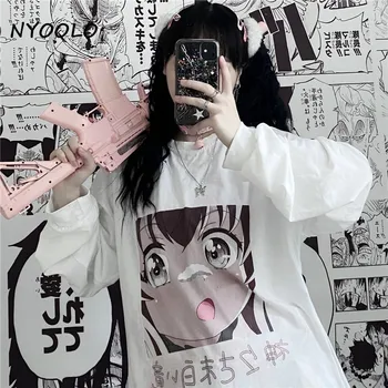 NYOOLO Sladko Japonskih Risank anime dekle tiskanja long sleeve majica s kratkimi rokavi ženske Priložnostne svoboden O-vratu puloverji bela kawaii vrhovi tee