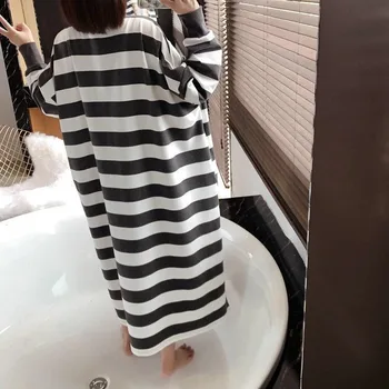 Nightgowns Ženska Prugasta Jeseni Sleepshirts Korejski Slog Priložnostne Svoboden Plus Velikost Lep Noseča Oversize Trendy Preprost Ulzzang