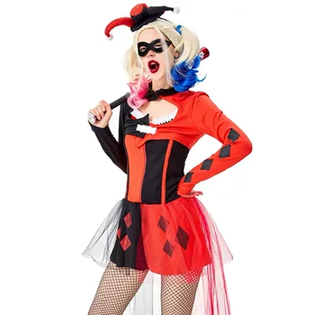 Odrasli Ženski Cirkus Klovn zabaven Joker Cosplay Ženske Halloween samomor moštva Film Kostumi Pustni Purim Vlogo igrajo Stranka obleko