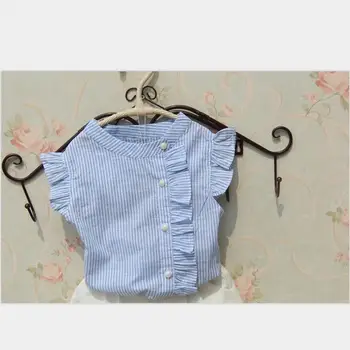 Dekleta Bluzo Poletje Bombaž Črtasto Majico 2018 Priložnostne Bluzo Dekle brez Rokavov Gumb Design Majice za Najstnike Baby Girl Obleke