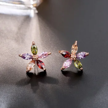 CARSINEL Moda MultiColor Cirkon Kamen Cvetje Stud Uhani Za Ženske Rose Gold barvi Bakra Uhani nakit darilo ER0270