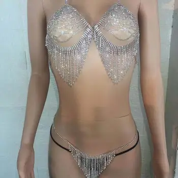 Seksi Nosorogovo organ, nakit, ki je primerna za ženske luksuzni bleščeče kristalno tassel Bikini Modrček in tangice nakit nočni klub stranka
