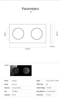 Wallpad francoski električno Vtičnico električno Vtičnico Z Dvojnim HDMI 3.0 Vrata Črna Crystall Glass Design L6 Serije