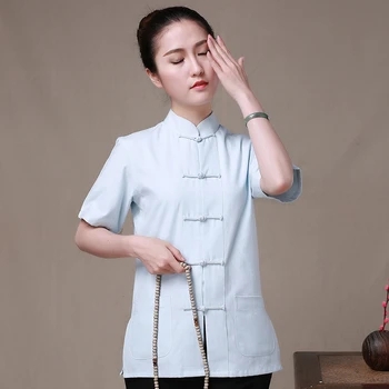 Svetlo Modra uniforma Bombaž Kitajske Tradicionalne Ženske Kung Fu Bluze Tang bo Ustrezala Majice, Vrhovi Camisa blusa vrhovi Plus Velikost