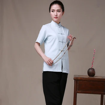 Svetlo Modra uniforma Bombaž Kitajske Tradicionalne Ženske Kung Fu Bluze Tang bo Ustrezala Majice, Vrhovi Camisa blusa vrhovi Plus Velikost