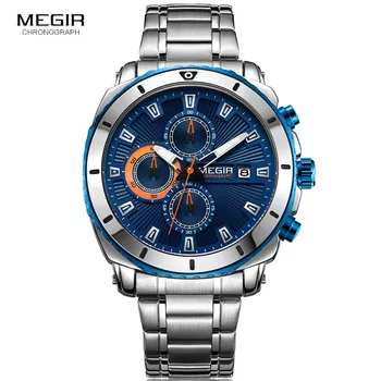 MEGIR Moške Modro Številčnico Kronograf Quartz Ure Moda iz Nerjavečega Jekla Analogni Ročne ure za Človeka Svetlobne Roke 2075G-2