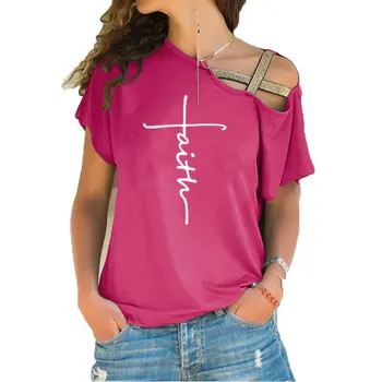 Nova majica s kratkimi rokavi Ženske Poletje Tee Majica dekle Femme Smešno Križ vere Črke natisni Jezus Harajuku korejski Nezakonitih Skew Križ Vrhovi