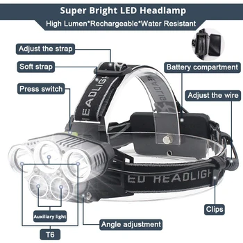 USB Polnilne LED Žaromet vodoodporna LED Smerniki 6 Način Prostem Kampiranje Ribolov 5LED Močan Žaromet 18650 Baterijo Luč