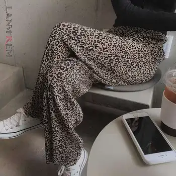 LANMREM 2021 novo poletje široko noge visoko pasu leopard natisnjeni elastična celotno dolžino hlače ženske hlače WM13816M