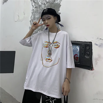 Ins kratka sleeved priložnostne novo korejska različica svoboden osebnost portret tiskanje Harajuku divje moda bombažno majico tide