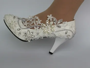 Čipke bele, slonovine kristalno Poročni čevlji Poročni nizke, visoke pete, črpalke velikosti 5/10