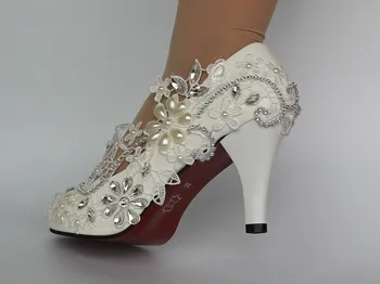 Čipke bele, slonovine kristalno Poročni čevlji Poročni nizke, visoke pete, črpalke velikosti 5/10