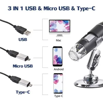 00-1600X USB Mikroskop, Ročni Prenosni Digitalni Mikroskop USB Tip-C InterfaceElectron Mikroskopi Z 8 Led Z Nosilcem