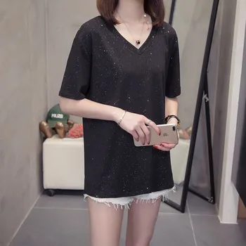 Plus Velikost Sije Ženska Tshirts Poletje Korejski Modi V Vratu Ženske Majice Kratek Rokav Vrhovi Prevelik T Shirt Nočno Nebo Design