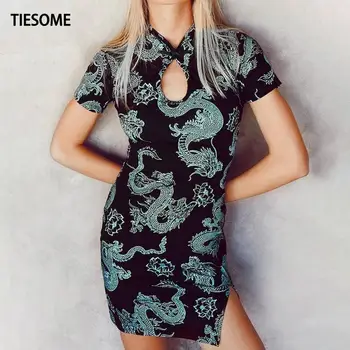 TIESOME 2020 Tradicionalno Kitajsko Obleko za Ženske Zmaj Gothic Robom Split Seksi Mini Obleke Votlih Iz Cheongsam Letnik Stranka