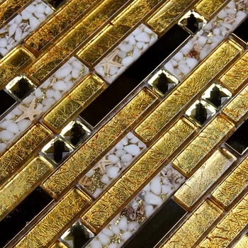 Luksuzni zlati sije mozaik ploščice trakovi iz nerjavečega jekla mešani stekla & shell za kuhinjo backsplash kopalnica tuš ploščice