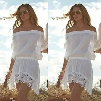 Seksi Žensk Off Ramenski Poševnica Vratu bela Prosojne Čipke Obleko Modne Priljubljena Plaža Obleko