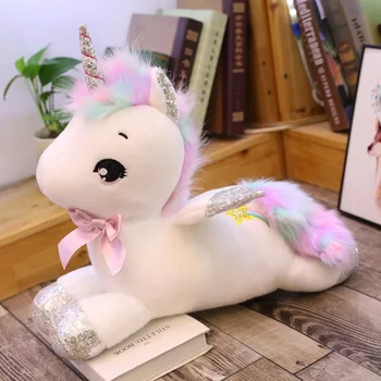 Velikan Rainbow Unicorn Plišastih Igrač Visoke kakovosti Polnjene Bleščica Rog Živali Konj Unicornio Lutke Otroci Rojstni dan, Božič darilo Blazino