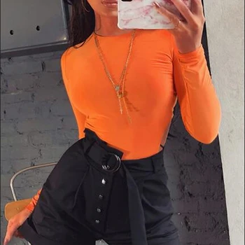 GAOKE Bodycon Seksi Neon Oranžna Bodysuits Ženske Jeseni Leta 2020 Long Sleeve Solid Pozimi Osnovno Telo Obleko O Ženski Vratu Črna