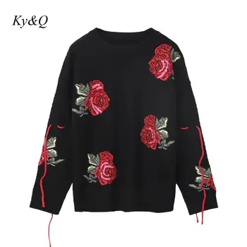 2020 Jeseni, Pozimi Moda Black Luxury Big Rose Puloverji Ženske Pleteni Puloverji Vzletno-Pristajalne Steze Novega Modela Čipke Plesti Džemper