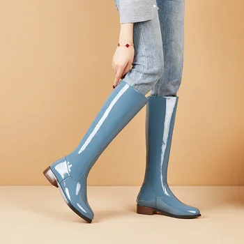 VANKARING blagovne znamke lakasto usnje kolena visoki škornji za žensko platformo dež čevlji z nizko peto, vse ujema jahanje pozimi sneg škornji ženske