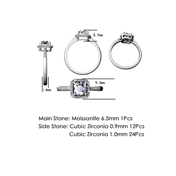 GEM JE BALET 925 Funt Silves Okrogel Kamen, 4 vile kvadratnih halo Obroč 1.0 Ct 6,5 mm Moissanite Diamant Udejstvovanje Obroči Za Ženske