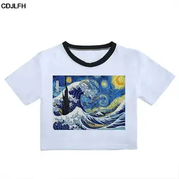 Vintage Estetske Tshirt korejskem Slogu Kpop Obreži Zgoraj Van Gogh Slikarstvo printed majica s kratkimi rokavi Ženske Zvezdnato Zvezdnato Noč Ženska T-shirt majica