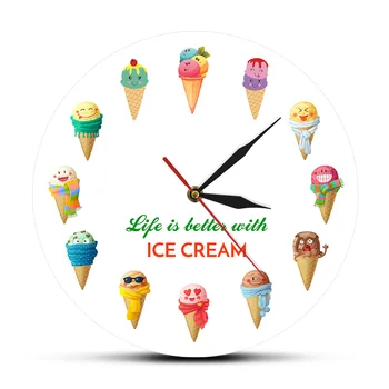 Življenje je boljše z SLADOLED Ura Lepo Risanke Ice cream Design Sladico Puding Shop Kuhinja Dekor Stenska Ura