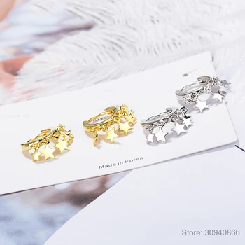 925 Sterling Silver Nova Ženska Fine Nakit Visoke Kakovosti Uhani Golden Rose Gold Silver Star Tassel Hoop Uhani