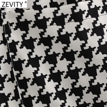 Zevity 2021 Ženske Preprosto Črno Houndstooth Tiskanja Bluzo Ženske Dolg Rokav Pocket Majica Elegantna Femme Zapenjanje Blusas Vrhovi LS7498