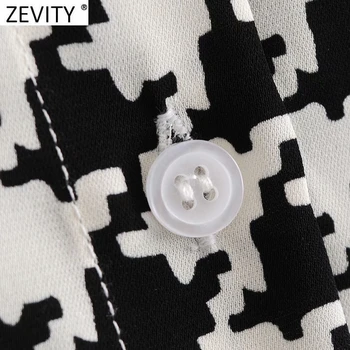 Zevity 2021 Ženske Preprosto Črno Houndstooth Tiskanja Bluzo Ženske Dolg Rokav Pocket Majica Elegantna Femme Zapenjanje Blusas Vrhovi LS7498