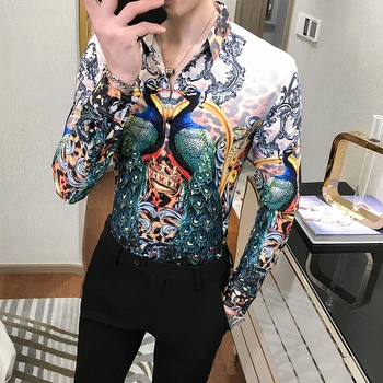 Moda 2020 Jeseni Rokavi Moški Dolg Rokav korejski Slim Fit Luksuzni Tiskanja Moških Cvetlični Srajce Slim Fit Priložnostne Bluzo Moških Oblačil 3XL