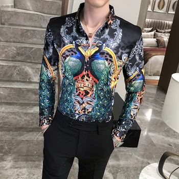 Moda 2020 Jeseni Rokavi Moški Dolg Rokav korejski Slim Fit Luksuzni Tiskanja Moških Cvetlični Srajce Slim Fit Priložnostne Bluzo Moških Oblačil 3XL