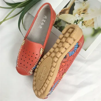 Velikost 34-40 nov prihod pravega usnja čevlji ženska krog enotni toe čevlji za pomlad poletje loafers ženske ravno čevlji modra rdeča črna