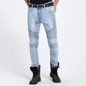 Mens elastična raztrgala biker jeans suh svetlo modra kanye west, oblikovalec blagovne znamke hip hop ulične zamotek Motocikel hlače Joggers