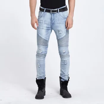 Mens elastična raztrgala biker jeans suh svetlo modra kanye west, oblikovalec blagovne znamke hip hop ulične zamotek Motocikel hlače Joggers