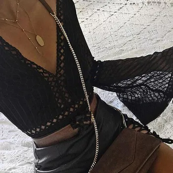 2020 Ženske Obleka, Sexy Proti-Vrat Flare Long Sleeve Solid Playsuit Igralne Obleke Moda Backless Dolg Rokav Votlih Iz Ženski Kombinezon